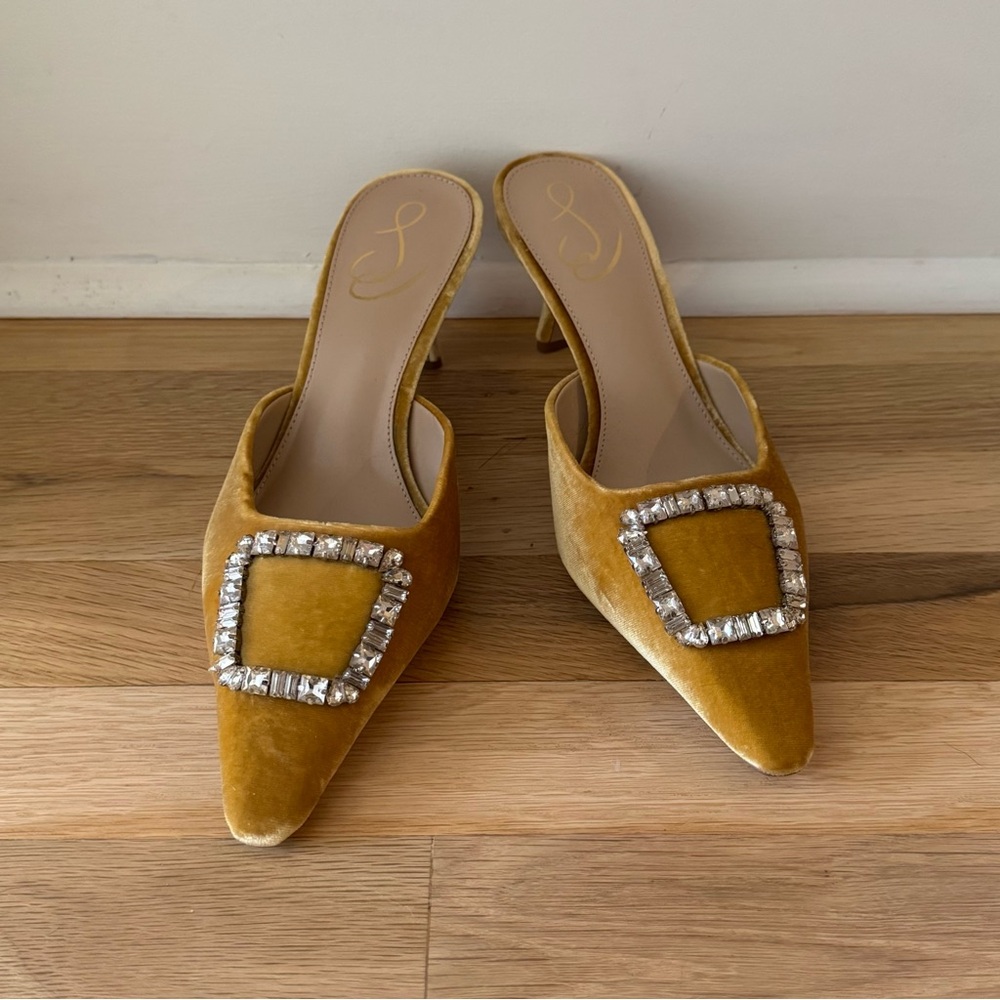 Sam Edelman Gold Velvet Mules with Silver Buckle